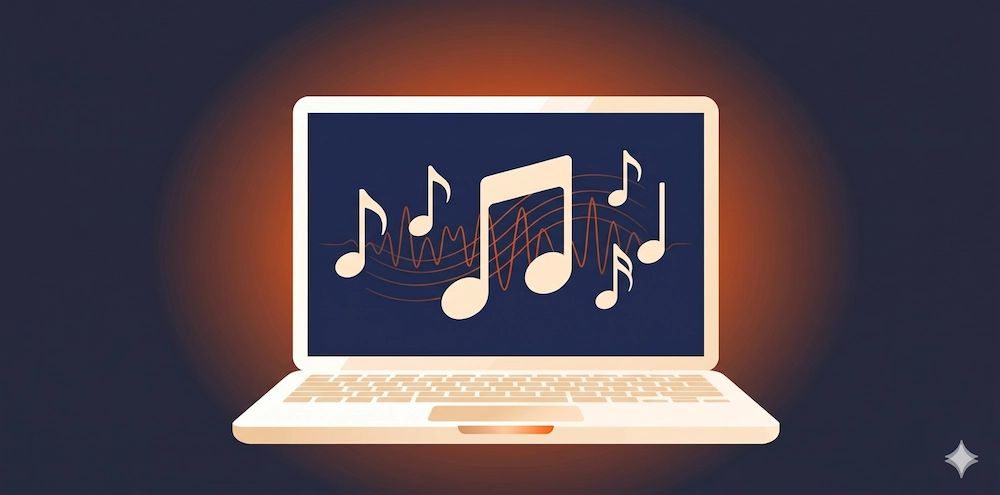 Laptop with music notes representing online vocal lessons